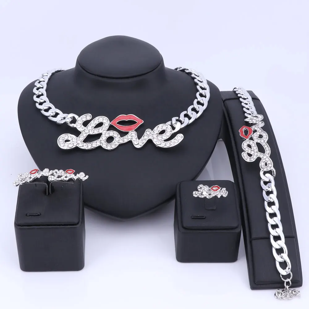 OUHE Hip Hop Fashion Style Luxury Rhinestone Lip Love Collar Necklace Bracelet Earring Ring With Silver Color Chain Jewelry Sets
OUHE Hip Hop Fashion Style Luxury Rhinestone Lip Love Collar Necklace Bracelet Earring Ring With Silver Color Chain Jewelry Sets