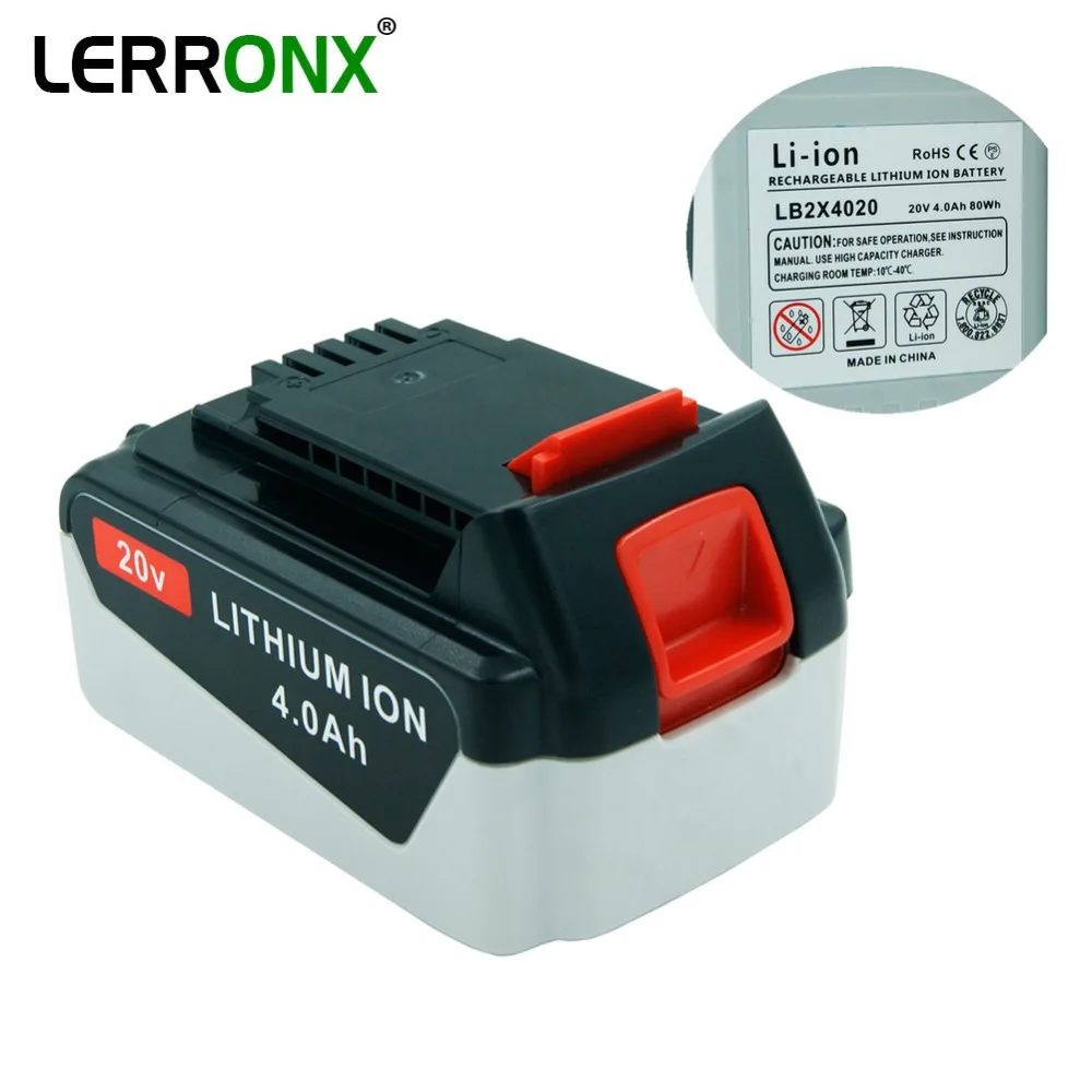Литиевая аккумуляторная батарея LERRONX 20 в 4000 мАч для Black Decker, литий-ионных электроинструментов LB2X4020, LB20, LBX20, LBXR20
Литиевая аккумуляторная батарея LERRONX 20 в 4000 мАч для Black Decker, литий-ионных электроинструментов LB2X4020, LB20, LBX20, LBXR20