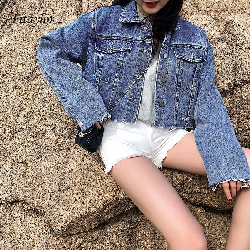 Фото Fitaylor 2019 новая джинсовая куртка Женская мода однобортное короткое пальто из