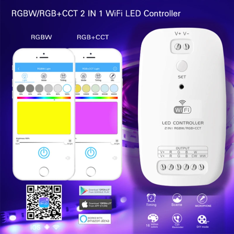 Новый светодиодный контроллер Wifi RGBW RGB + CCT 2 в 1, умный светильник-полоска, контроллер, совместимый с Alexa Assistant для системы iOS
Новый светодиодный контроллер Wifi RGBW RGB + CCT 2 в 1, умный светильник-полоска, контроллер, совместимый с Alexa Assistant для системы iOS