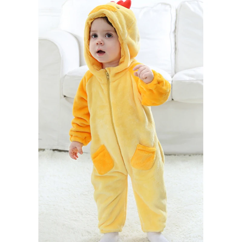 Spring Autumn Chickens Flannel Romper for 0-3Y Baby Boy Girl Long Sleeve Children Climbing Clothes Yellow Hooded Infant Jumpsuit | Мать и