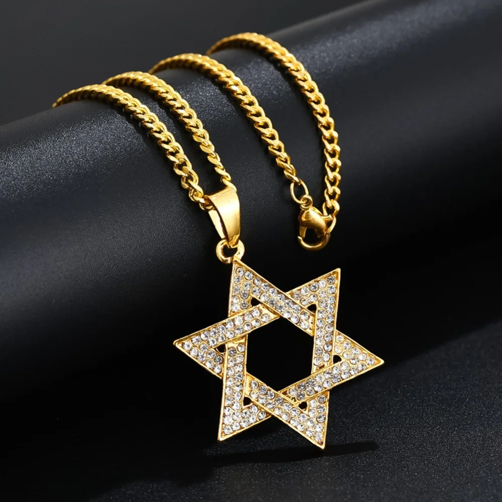 

Hip Hop Iced Out Jewish Star of david Pendant Necklace Gold Color Stainless Steel Hexagram Tantrism Israel Jewelry Dropshipping