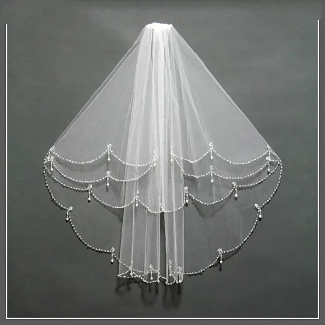 

Real photos Beading Edge Wedding Bridal Veil White Ivory Bride Two Layers Elbow Length Veil pearl wedding vail