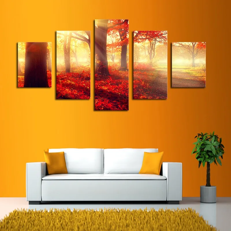 

Модный домашний декор картины на холсте 5 панелей закат Красные Деревья рамки картины винтажные постеры и принты на стене