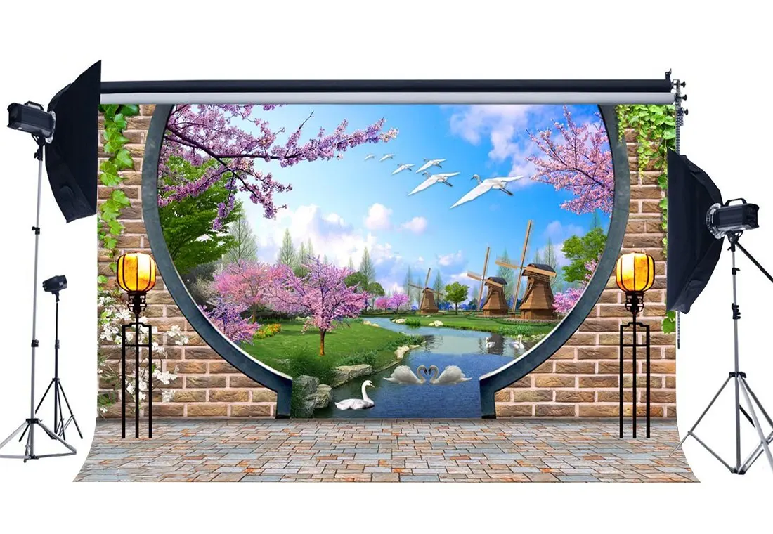 Spring Garden Backdrop Dutch Windmill Pond Fresh Flowers Blue Sky White Cloud Swan Green Background
Spring Garden Backdrop Dutch Windmill Pond Fresh Flowers Blue Sky White Cloud Swan Green Background
