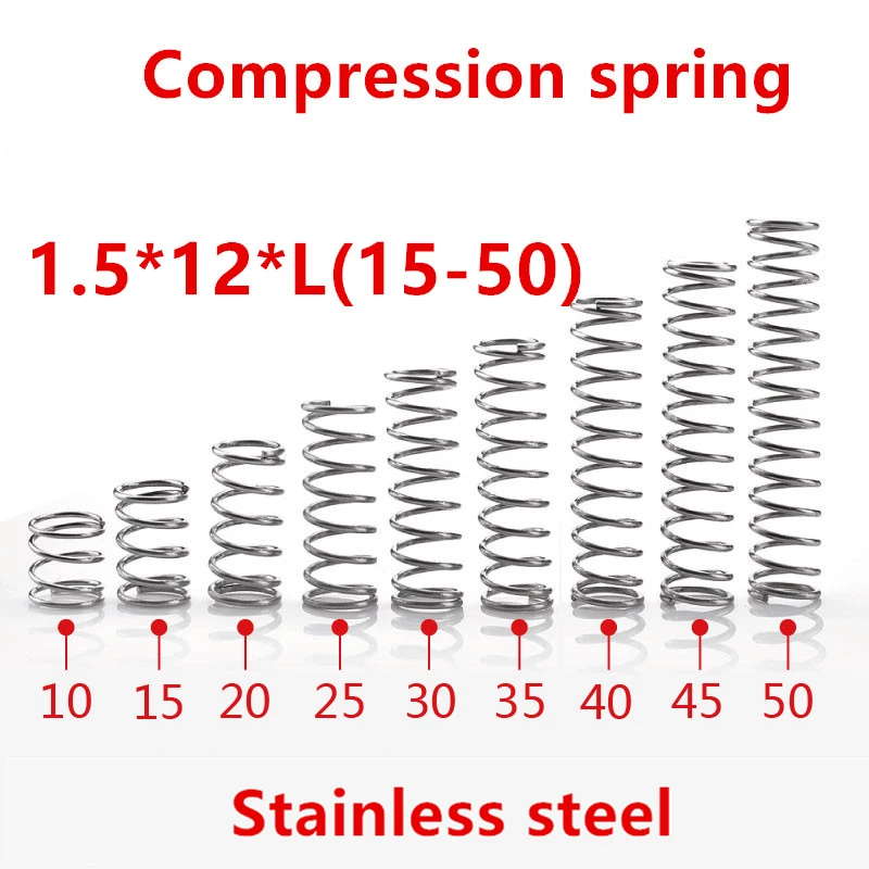 10pcs/lot 1.5*12*10/15/20/25/30/35/40/45/50mm spring 1.5mm stainless steel Micro small Compression spring
10pcs/lot 1.5*12*10/15/20/25/30/35/40/45/50mm spring 1.5mm stainless steel Micro small Compression spring