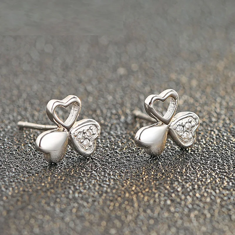 Genuine 925 sterling silver earring studs three love heart mini flower for women accessories jewelry | Украшения и аксессуары