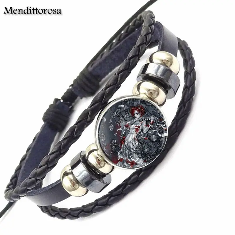 EJ Glaze For Women Girls Handmade Steampunk Alice Cheap Fashion Jewelry Black Leather Bracelet Bangle Glass Cabochon | Украшения и