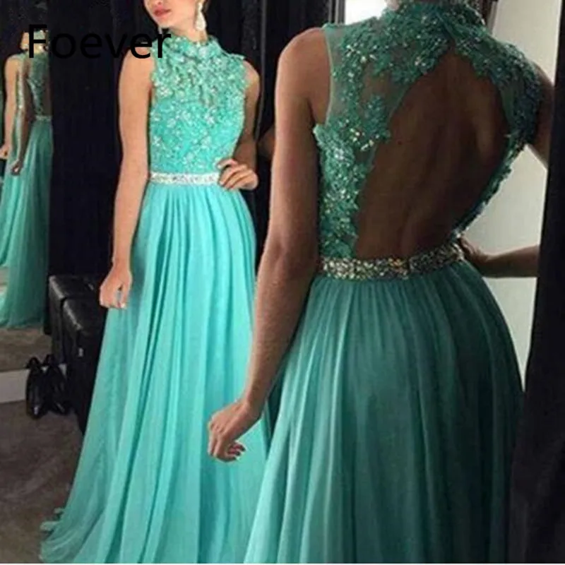 Chiffon High Neck Open Back Lace Appliques Crystal Turquoise Prom Dresses Long 2019
Chiffon High Neck Open Back Lace Appliques Crystal Turquoise Prom Dresses Long 2019
