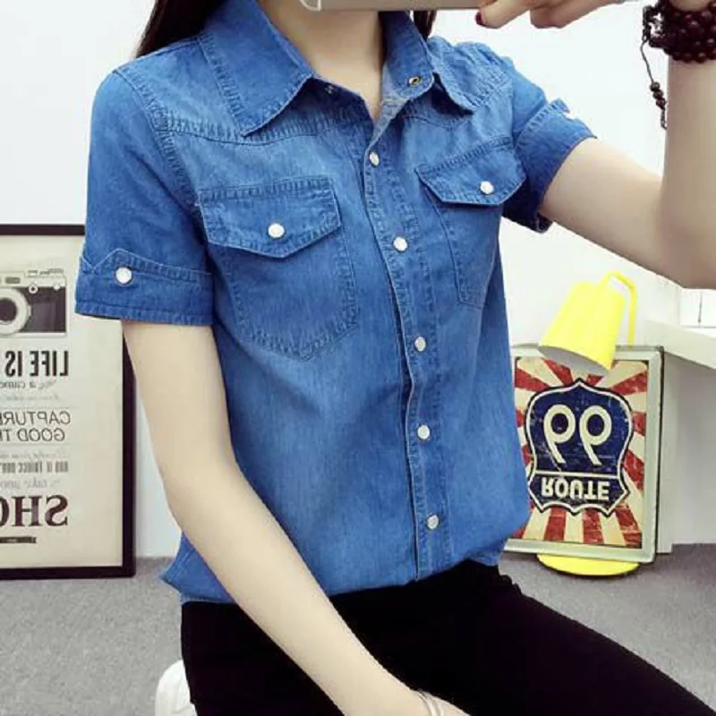 women summer clothing cotton denim shirts washed short sleeve two pockets women shirts thin tops slim fit students clothing
women summer clothing cotton denim shirts washed short sleeve two pockets women shirts thin tops slim fit students clothing