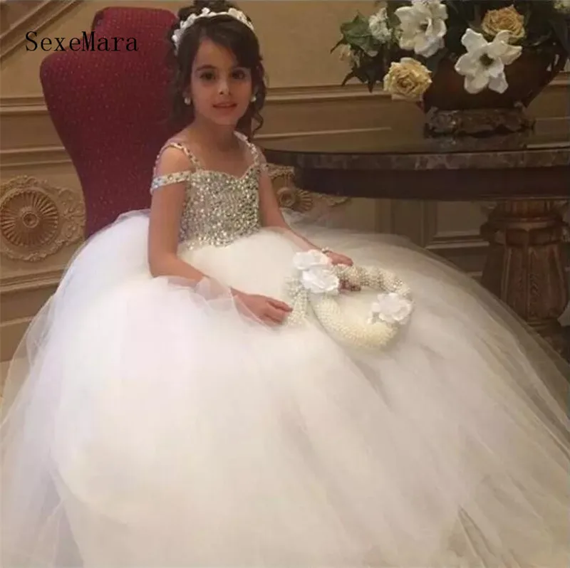 

Luxury Ivory White Flower Girls Dresses for Weddings Puffy Tulle Beading Crystal Girls First Communion Dresses Pageant Gown