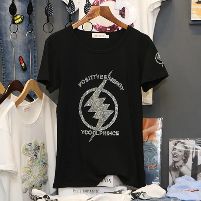 Diamond Stars Design T Shirt For Women Cotton Ladies Black 2022 Fashion Hot Drill Thunder Rhinestones Top Tees Clothes Female
Diamond Stars Design T Shirt For Women Cotton Ladies Black 2022 Fashion Hot Drill Thunder Rhinestones Top Tees Clothes Female