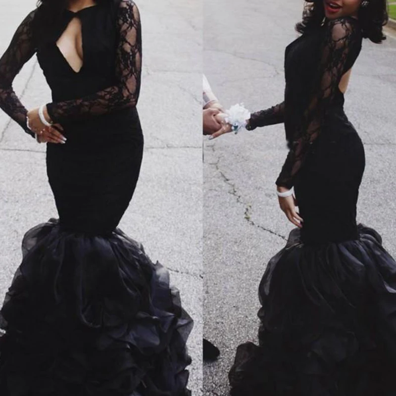 2021 New Black Lace Long Sleeves Prom Dresses Mermaid Keyhole Neck Sexy Backless Layered Skirts Illusion Evening Red Carpet
2021 New Black Lace Long Sleeves Prom Dresses Mermaid Keyhole Neck Sexy Backless Layered Skirts Illusion Evening Red Carpet