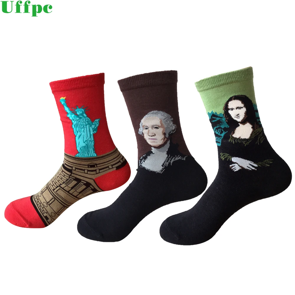 

3 пары мужских повседневных носков из чесаного хлопка, короткие носки с изображением Моны Лизы и маслом, разноцветные Забавные Зимние Носки ...