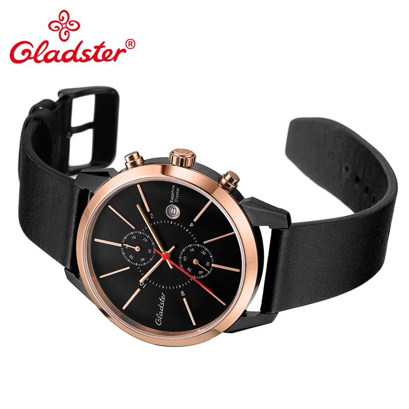 Японские мужские часы Gladster Miyota OS11 роскошные брендовые черные кожаные кварцевые