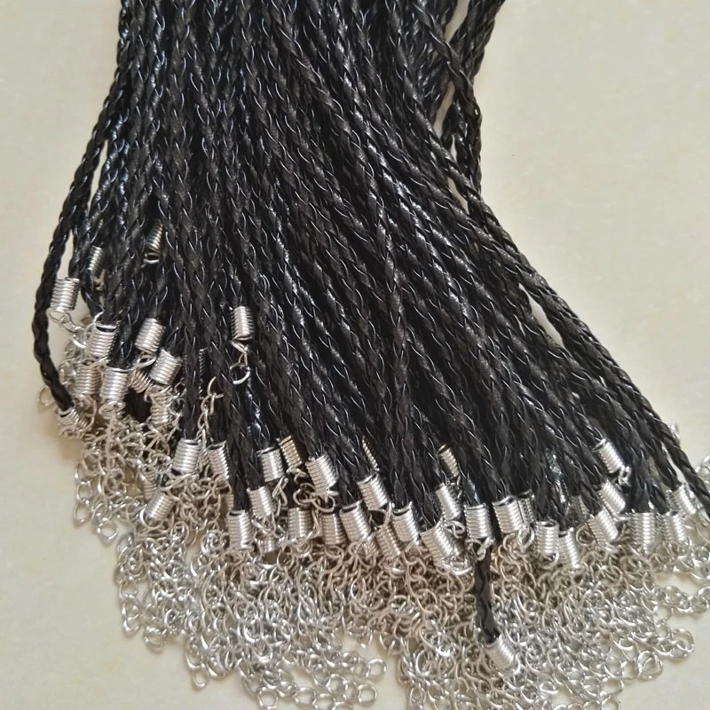 Плетеная кожаная веревка 3 мм 100 шт. черный шнур ожерелье кулон 45 + 5 см модные