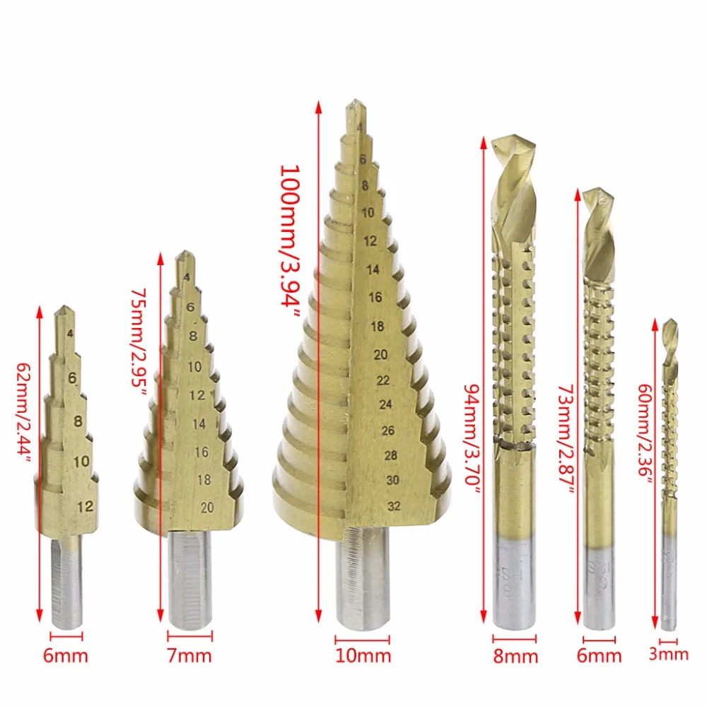 6 Pcs/Set HSS Steel Titanium Coated Step Drill Bit Hole Cutter 4-32mm Metal Tool
6 Pcs/Set HSS Steel Titanium Coated Step Drill Bit Hole Cutter 4-32mm Metal Tool