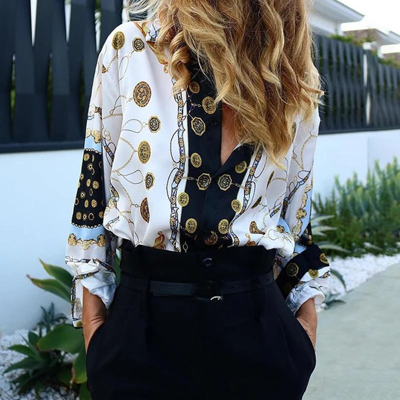 Женская блузка на пуговицах с металлическим принтом цепочке|Блузки| |