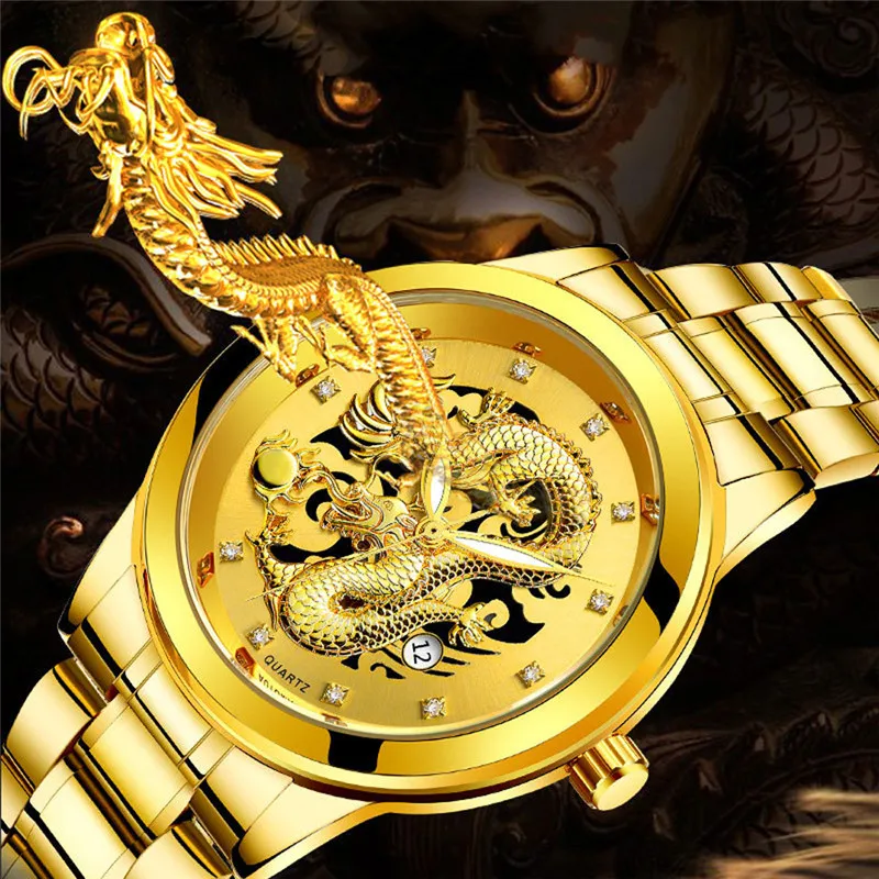 Men 2019 Luxury Fashion Waterproof luminous men's gold dragon sculpture quartz watch luxury men's steel watch Clock Retro AC7
Men 2019 Luxury Fashion Waterproof luminous men's gold dragon sculpture quartz watch luxury men's steel watch Clock Retro AC7