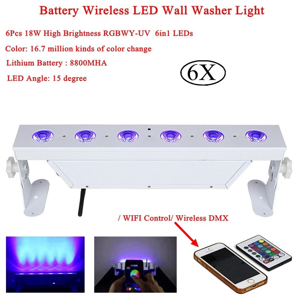 6 шт./лот 6x18 Вт RGBAW UV 6в1 с питанием от аккумулятора беспроводной DMX512 светодиодный настенный светильник для светодиодной вечеринки Бар Диско Dj...
6 шт./лот 6x18 Вт RGBAW UV 6в1 с питанием от аккумулятора беспроводной DMX512 светодиодный настенный светильник для светодиодной вечеринки Бар Диско Dj...