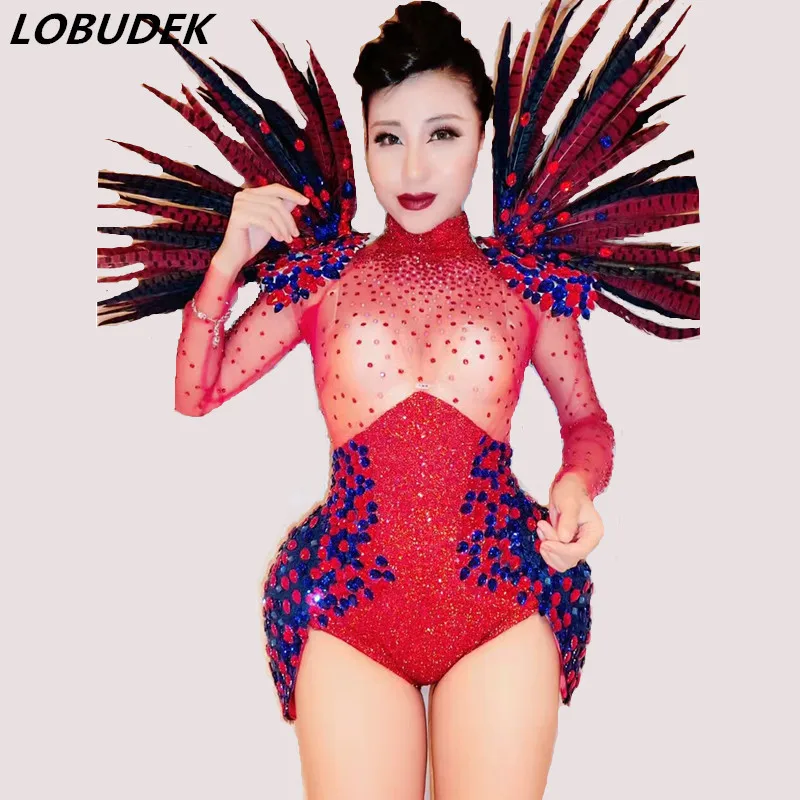 See-through Bright Crystals Bodysuit sexy female costume red Feather Rhinestones bodysuit Bar Dancer Catwalk show stage clothing
See-through Bright Crystals Bodysuit sexy female costume red Feather Rhinestones bodysuit Bar Dancer Catwalk show stage clothing