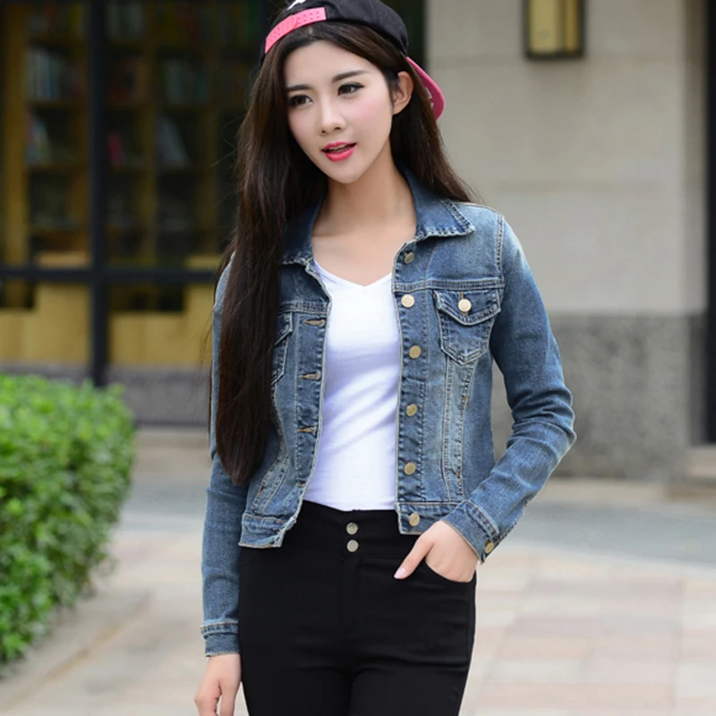 Women Slim Denim Jackets Korean Style Vintage Cropped Bomber Jacket Spring Autumn Long Sleeve Jean Casual Button Coat | Женская одежда