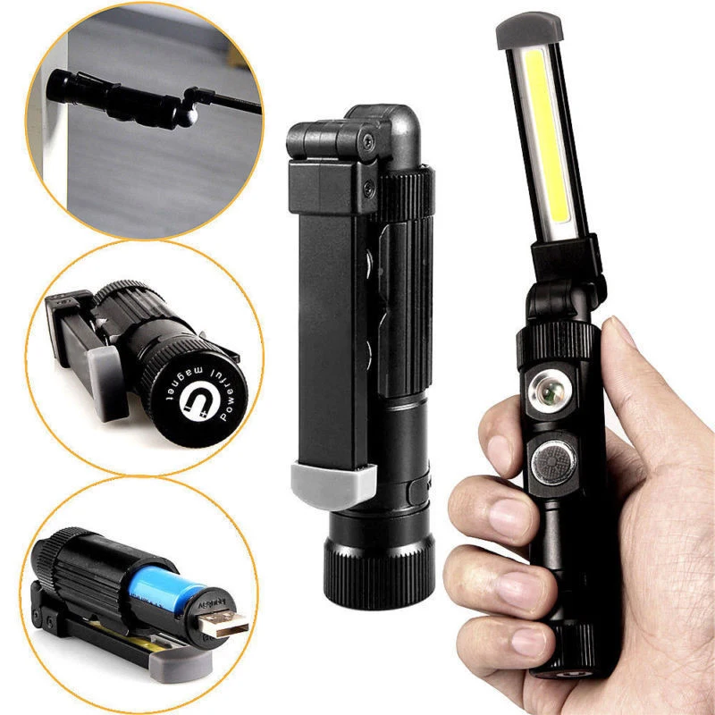 

New COB LED Working Light 5 Mode Inspection Flashlight Foldable Rotation USB Torch with Magnet Clip for Outdoor Camping Hunting