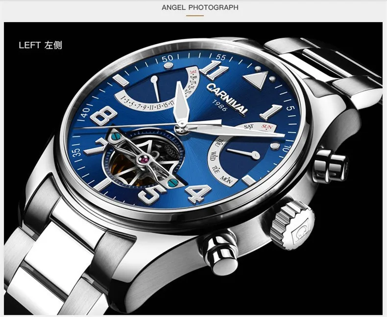 CARNIVAL Tourbillon Fashion Wave Silver blue Clock Luminous Display Mens Automatic Mechanical Watches Top Brand Luxury 2019
CARNIVAL Tourbillon Fashion Wave Silver blue Clock Luminous Display Mens Automatic Mechanical Watches Top Brand Luxury 2019