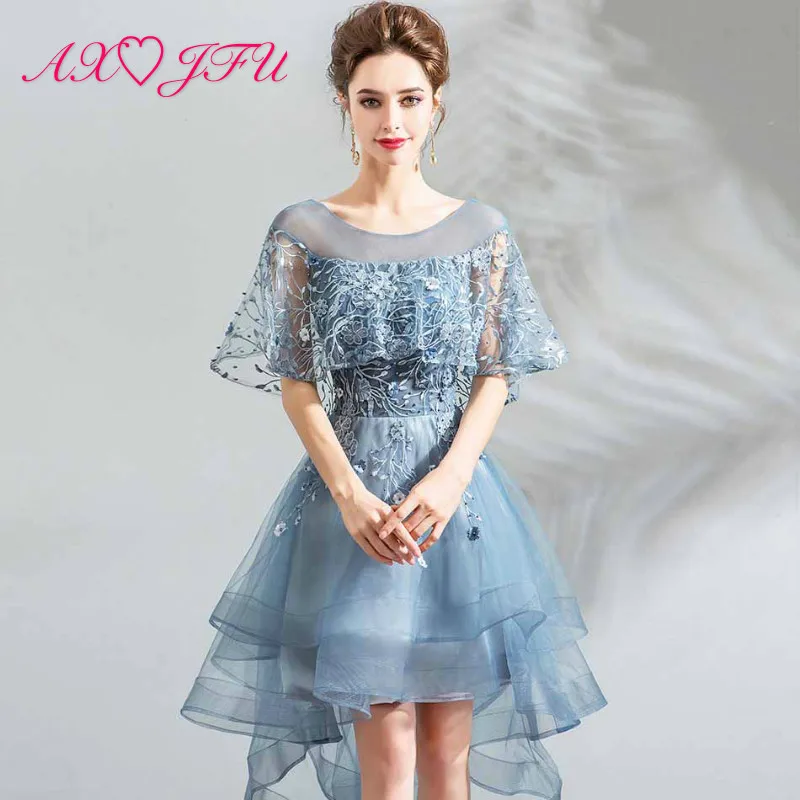 AXJFU luxury princess blue lace short evening dress vintage party o neck beading crystal flower high/low blue evening dress 6896
AXJFU luxury princess blue lace short evening dress vintage party o neck beading crystal flower high/low blue evening dress 6896