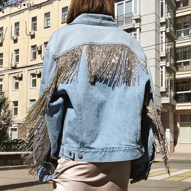 WHITNEY WANG 2019 Осенняя модная уличная джинсовая куртка с бусинами и цепочками