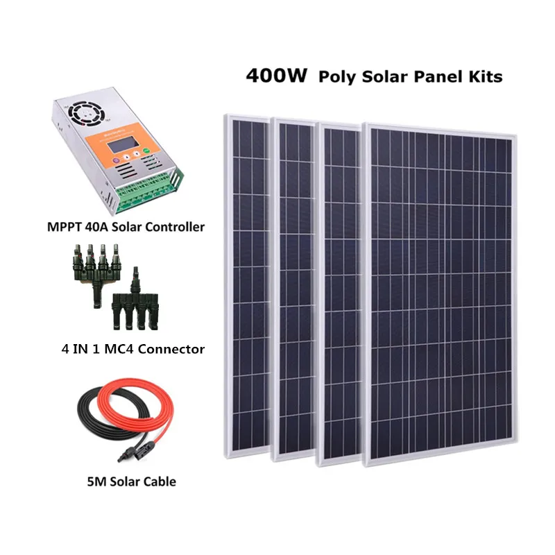 400W Off Grid Complete Solar Panel Systems with 4pcs 100w polycrystalline solar panel, 40A MPPT Solar charge controller
400W Off Grid Complete Solar Panel Systems with 4pcs 100w polycrystalline solar panel, 40A MPPT Solar charge controller