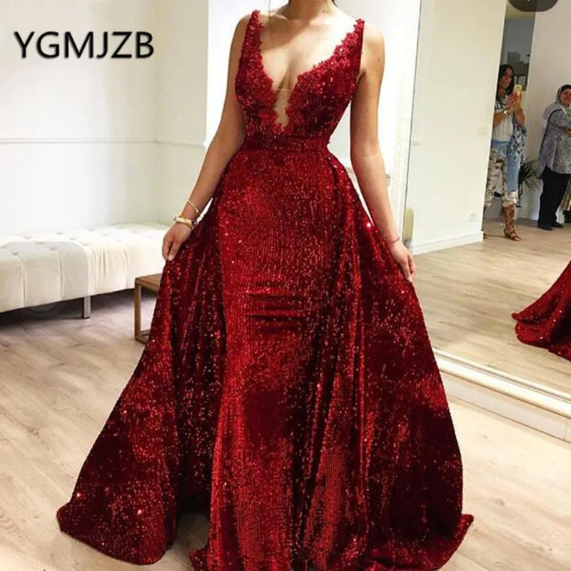 Sparkly Sequined Prom Dresses Long 2019 Mermaid V Neck Detachable Train Prom Gowns Saudi Arabia Women Formal Evening Party Dress
Sparkly Sequined Prom Dresses Long 2019 Mermaid V Neck Detachable Train Prom Gowns Saudi Arabia Women Formal Evening Party Dress