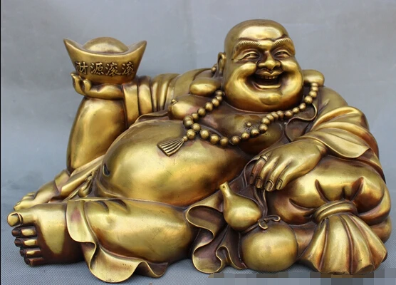 16 "Китайский Бронзовый YuanBao Счастливый Смех Статуи Будды Майтреи Тыква Сумка