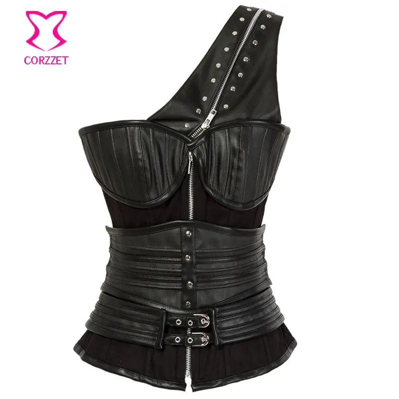 Corzzet Black Leather Zipper One Shoulder Steampunk Steel Boned Waist Trainer Burlesque Gothic Costume Corsets and Bustiers
Corzzet Black Leather Zipper One Shoulder Steampunk Steel Boned Waist Trainer Burlesque Gothic Costume Corsets and Bustiers