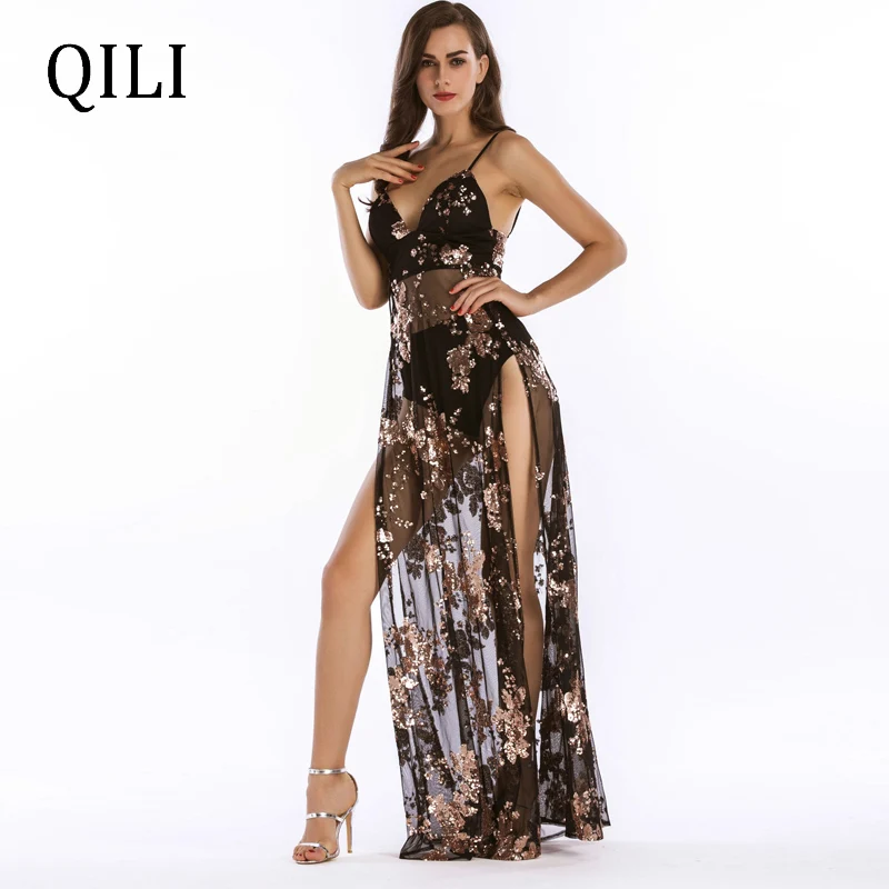 QILI Bohemian Women Sequin Dress Sexy See Through Mesh Voile High Split Long Maxi Dresses Evening Party Club Dress
QILI Bohemian Women Sequin Dress Sexy See Through Mesh Voile High Split Long Maxi Dresses Evening Party Club Dress