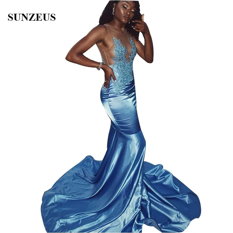 Sheer Neck Appliques Prom Gowns Mermaid Long Blue Party Gowns Satin abiti da cerimonia da sera
Sheer Neck Appliques Prom Gowns Mermaid Long Blue Party Gowns Satin abiti da cerimonia da sera