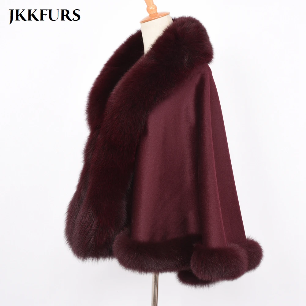 JKKFURS Women's Poncho Genuine Fox Fur Collar Trim & Cashmere Cape Wool Fashion Style Autumn Winter Warm Coat S7358
JKKFURS Women's Poncho Genuine Fox Fur Collar Trim & Cashmere Cape Wool Fashion Style Autumn Winter Warm Coat S7358