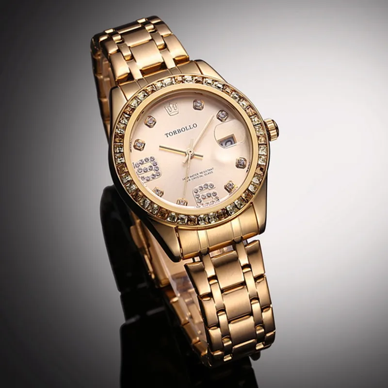 Фото Роскошные женские часы TORBOLLO кварцевые Miyota с датой и кристаллами золотые для