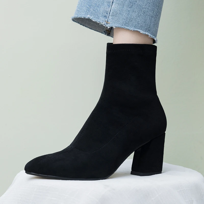 WETKISS High Heels Thick Ankle Boots Women Pointed Toe Booties Stretch Shoes Female Fashion Flock Shoes Ladies Winter 2019
WETKISS High Heels Thick Ankle Boots Women Pointed Toe Booties Stretch Shoes Female Fashion Flock Shoes Ladies Winter 2019