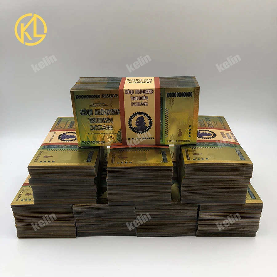 Wholesale 400pcs/lot Zimbabwe 100 Trillion Dollar Banknote Gold Foil Bill Note for game playing money or souvenir collection
Wholesale 400pcs/lot Zimbabwe 100 Trillion Dollar Banknote Gold Foil Bill Note for game playing money or souvenir collection