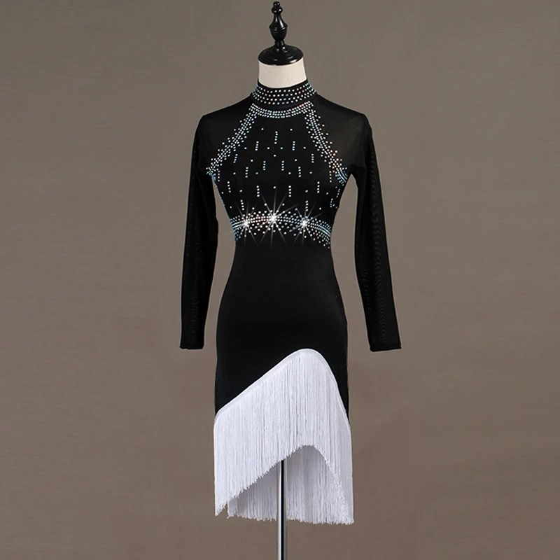 New Latin Dance Dress Sparkly Diamond Black Backless White Tassel Long Sleeve Women/Ladies Rumba/Samba/Tango DQL263 | Тематическая