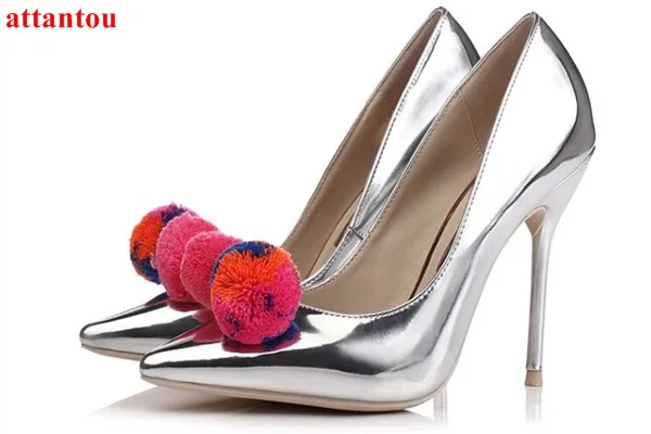 Colorful pompon decor silver women shoes glaze surface High Heels sign-on thin heel pumps female wedding dress shoes pointed toe
Colorful pompon decor silver women shoes glaze surface High Heels sign-on thin heel pumps female wedding dress shoes pointed toe
