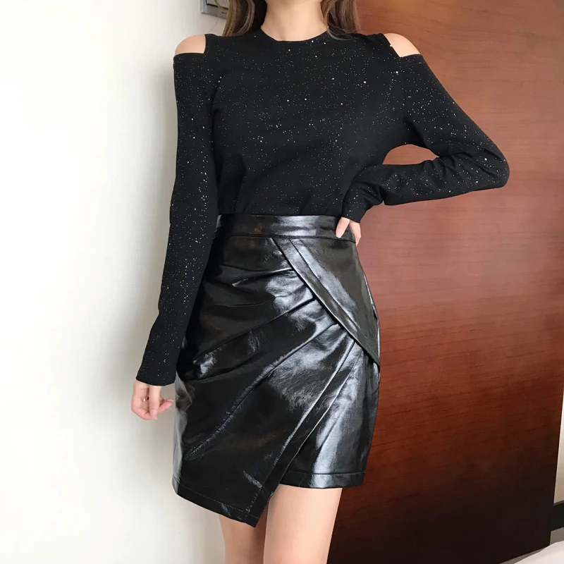 Женская черная юбка из искусственной кожи с высокой талией и рюшами облегающая