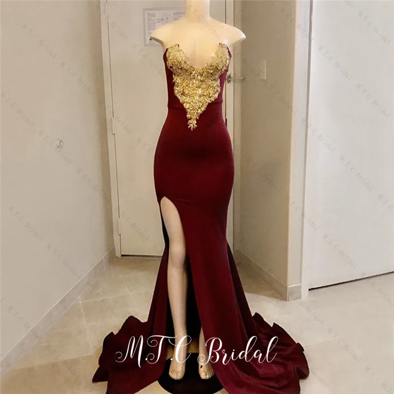 New 2019 Burgundy Mermaid Dress Evening V Neck Gold Lace Side Slit Elastic Satin Long Formal Dresses Hot Selling Party Gowns
New 2019 Burgundy Mermaid Dress Evening V Neck Gold Lace Side Slit Elastic Satin Long Formal Dresses Hot Selling Party Gowns