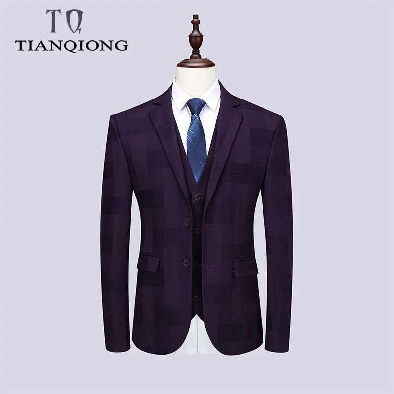 Новинка 2019 роскошный костюм TIAN QIONG из трех предметов мужской Клетчатый синего