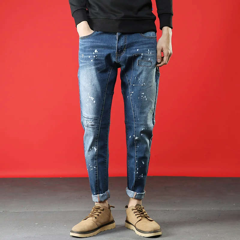 Джинсы мужские 2019 новые брендовые модные однотонные Slim Fit ретро отверстие принт