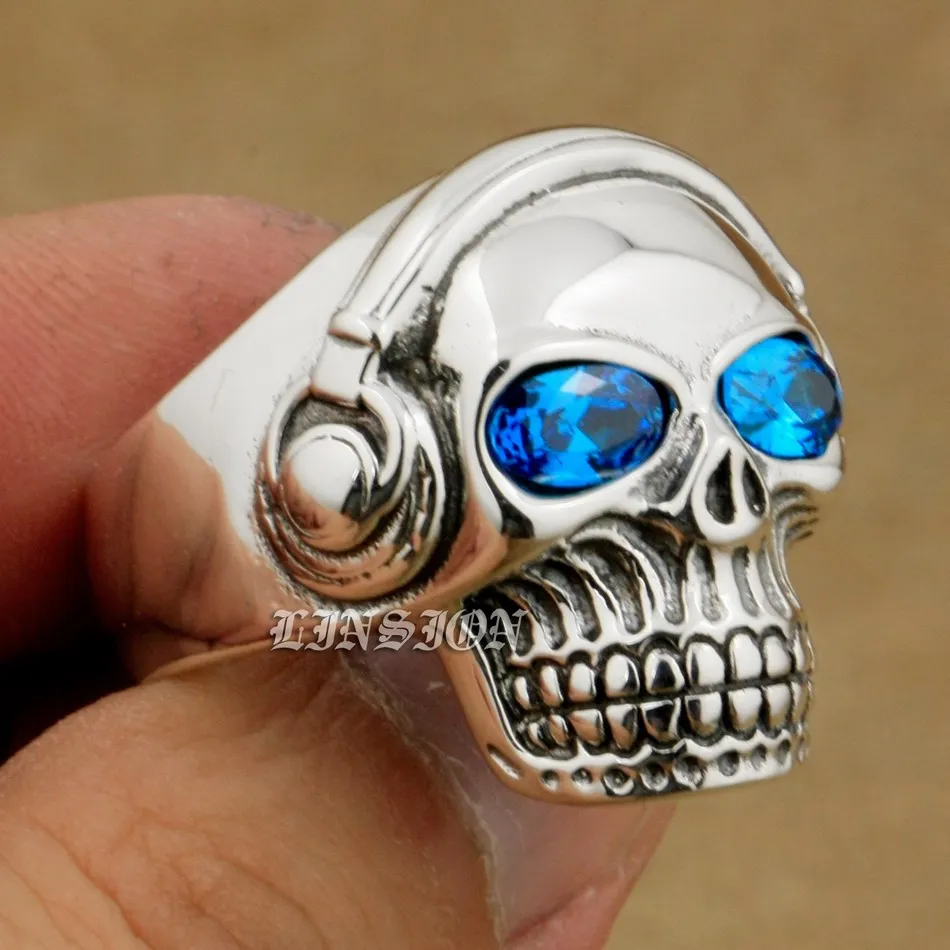 

925 Sterling Silver Blue CZ Eyes DJ Skull Studio Music Headphone Mens Boys Biker Rock Punk Ring 8Y111 US Size 7 to 15