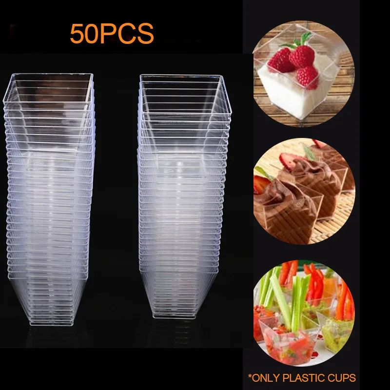 50Pcs 2oz/60ml Mini Square Dessert Cup Cube Plastic Sample Dish Cake Jelly Pudding Cups Party Kitchen Accessories
50Pcs 2oz/60ml Mini Square Dessert Cup Cube Plastic Sample Dish Cake Jelly Pudding Cups Party Kitchen Accessories