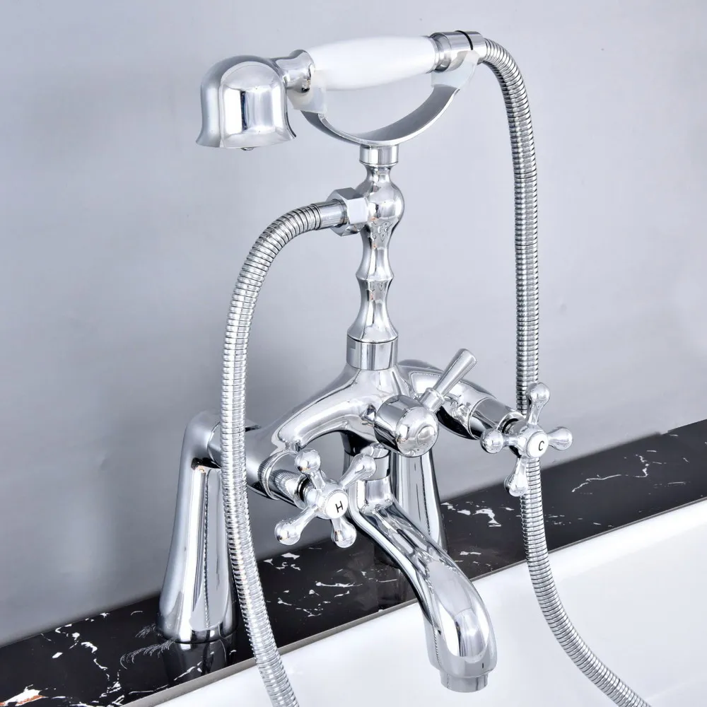 Polished Chrome Brass Double Cross Handles Deck Mounted Claw Foot Bathroom Tub Faucet Mixer Tap With Handshower mtf755
Polished Chrome Brass Double Cross Handles Deck Mounted Claw Foot Bathroom Tub Faucet Mixer Tap With Handshower mtf755