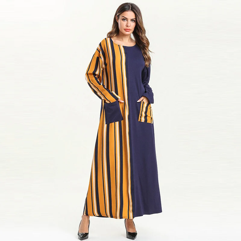 Middle Eastern Muslim long-sleeved round neck striped color matching pocket dress Arab Dubai loose ladies robe dress
Middle Eastern Muslim long-sleeved round neck striped color matching pocket dress Arab Dubai loose ladies robe dress
